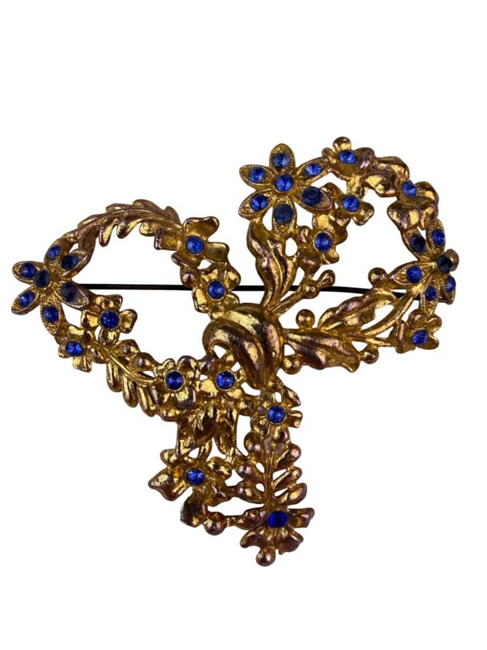 Vintage Gold Tone Floral Brooch With Blue Rhinestones Metal Lightweight Jewelry